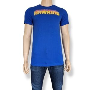 Stranger Things "Hawkins" 3D Logo 80's Print Blue Short Sleeve Tee